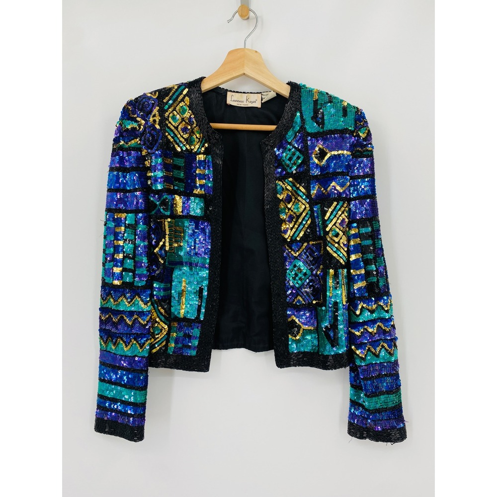 Vintage Laurence Kazar Sequin Jacket Womens Small Blue Geometric Beaded Silk